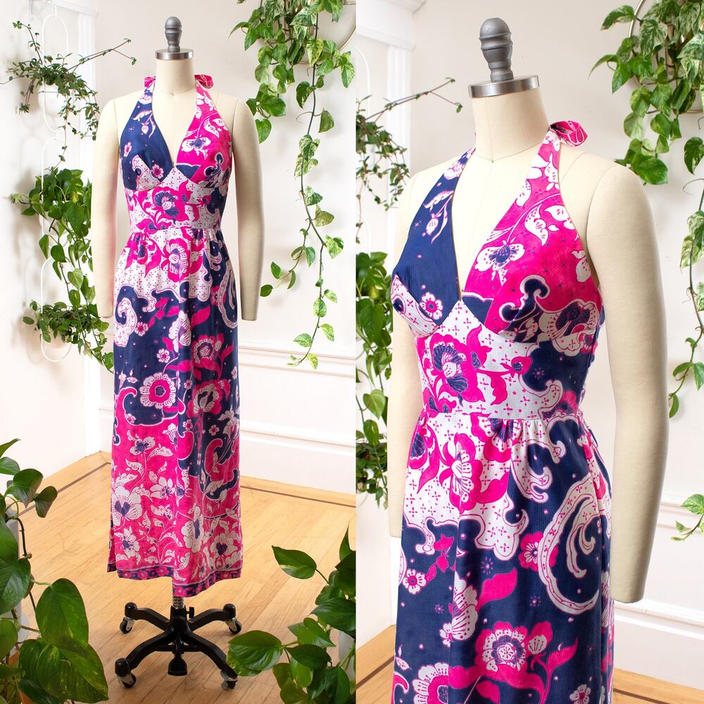 Vintage 1970s Sundress 70s KAMEHAMEHA Floral Psychedelic Halter Hawaiian Maxi